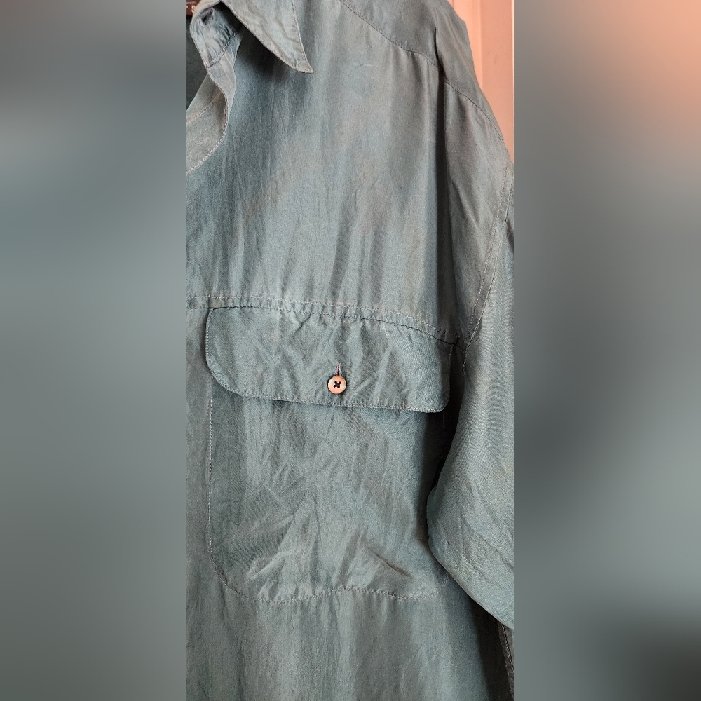 Vintage Basic Elements Men's Green Button-Up Silk… - image 2